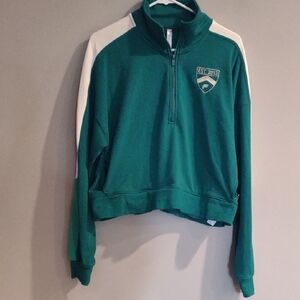 Fabletics Women's Large Green /White Quarter-Zip Crop‎ Top
